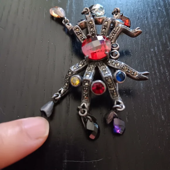 Sterling Silver Marcasite Multicolor Crystal Spider Brooch Vintage Whimsigoth